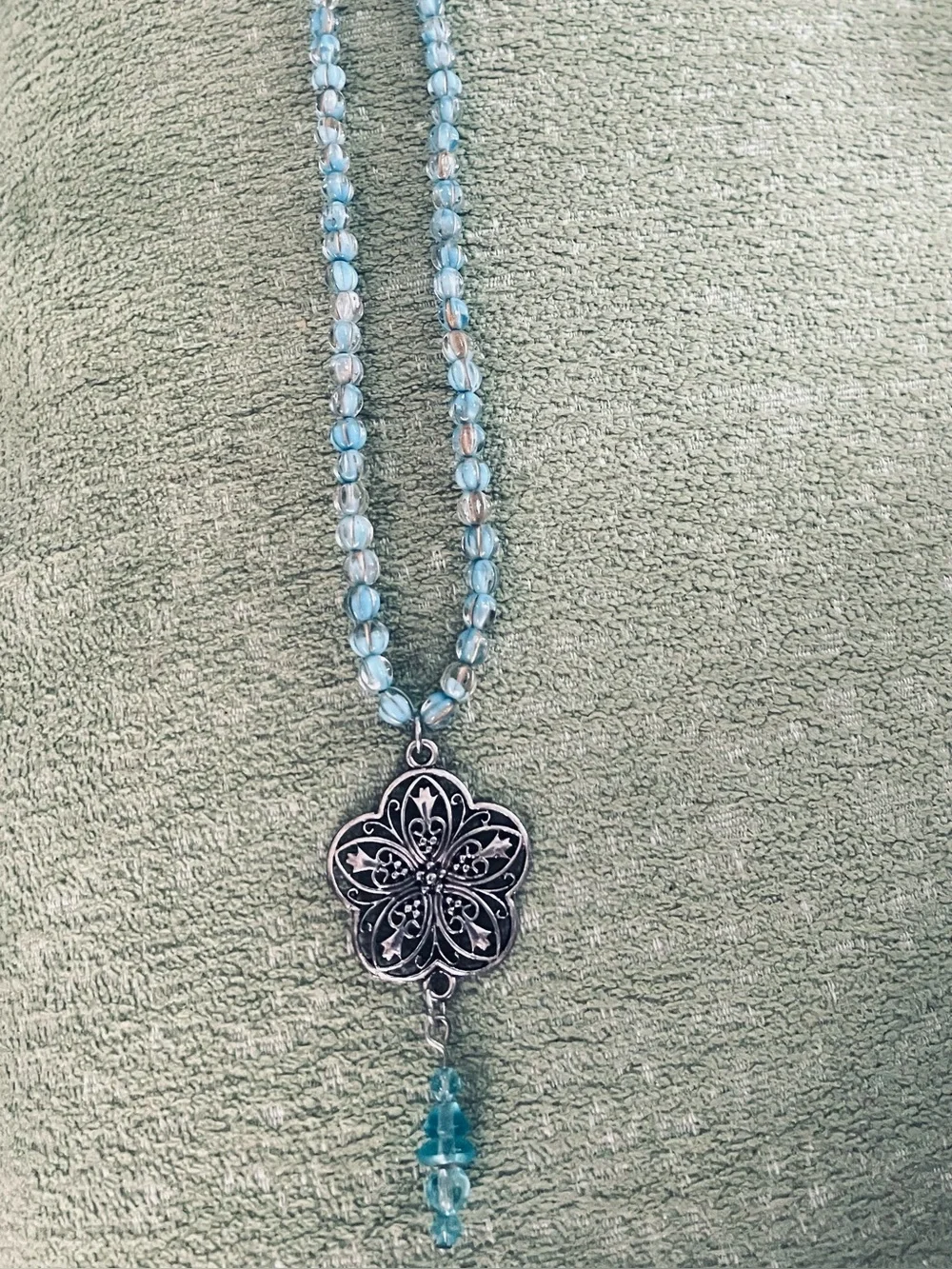 Blue Beaded Necklace with Floral Filigree Pendant